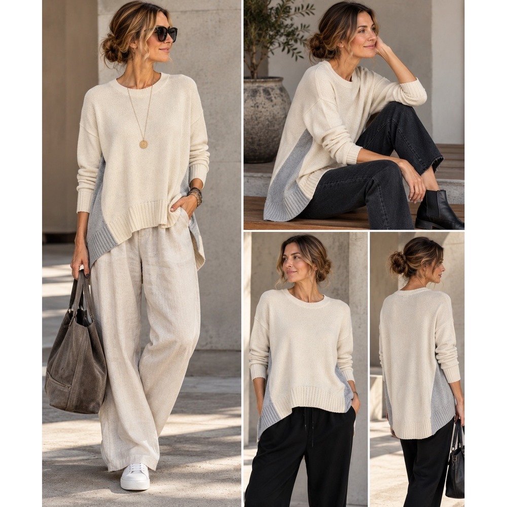 Eileen Fisher XXS XS Cream Gray Colorblock High Low Sweater Tunic Quiet Luxury - Picture 3 of 13